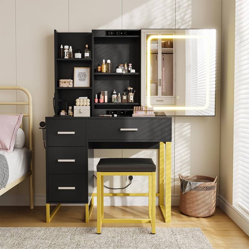 Makeup Vanity with Sliding LED Mirror, Charging Station, Drawers, Shelves & Stool