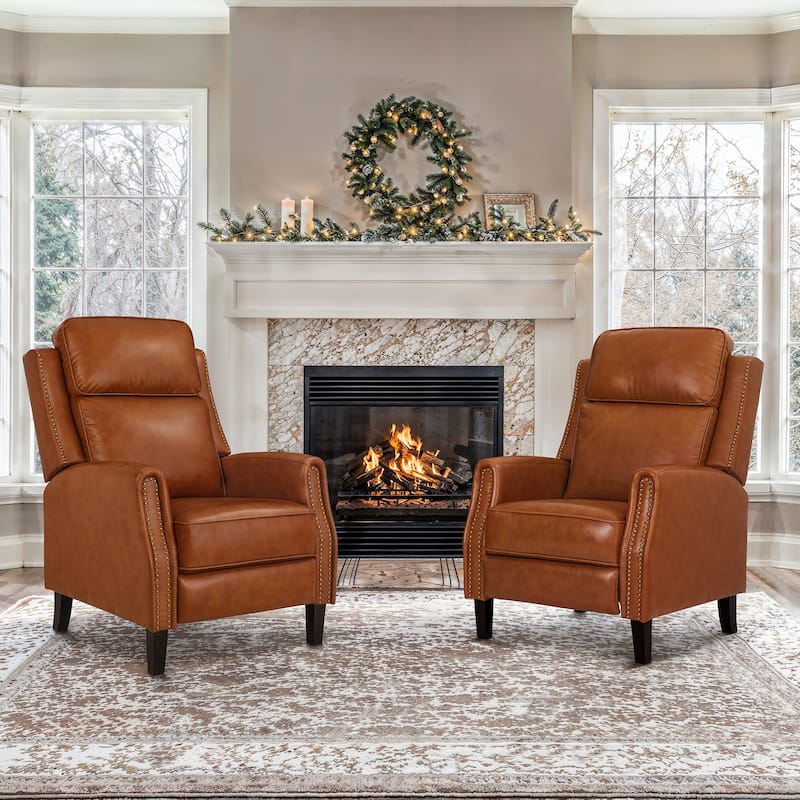 2 Set Genuine Leather Recliner Modern Push Back Recliner Chair Wingback 3 Adjustable Chair for Living Room - Camel