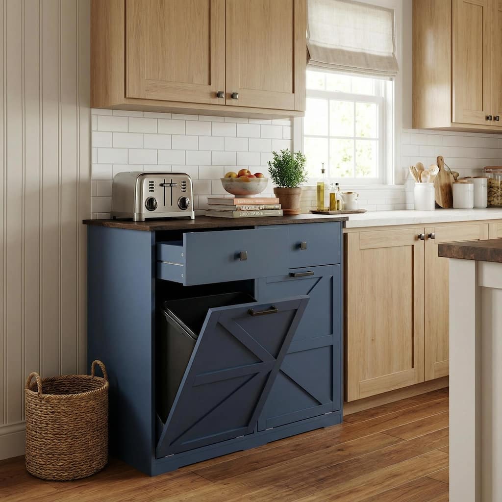 Homy Casa Farmhouse Double Tilt-Out Trash Cabinet, 20/10 G Recycling Bin, Barn Door Laundry Sorter with Drawer, Kitchen Tilt Out