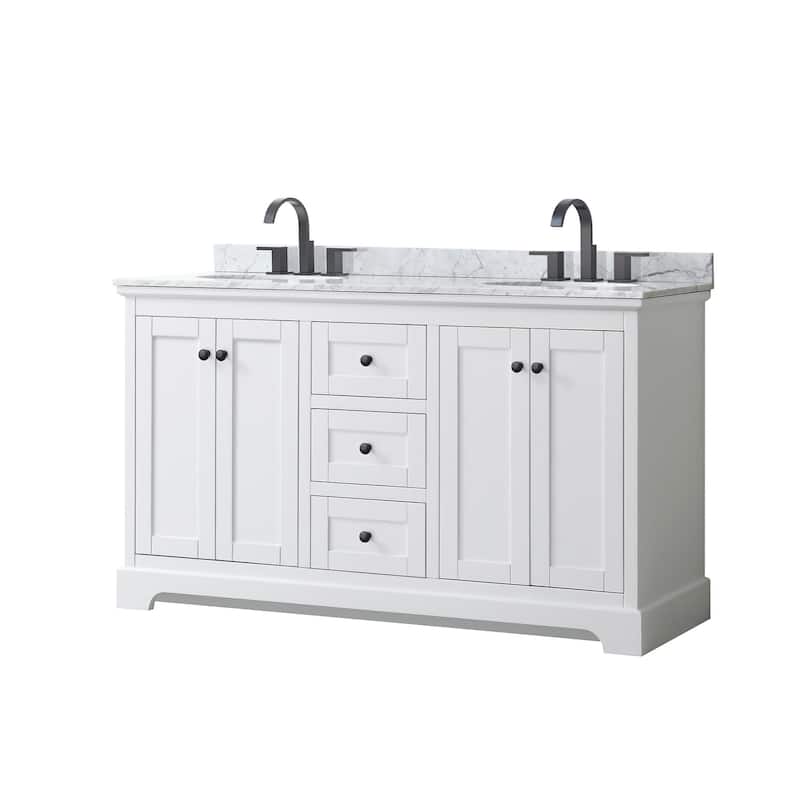 Wyndham Collection Avery 60" Free Standing Double Basin Vanity Set - White / White Carrara Marble Top / Matte Black - Painted