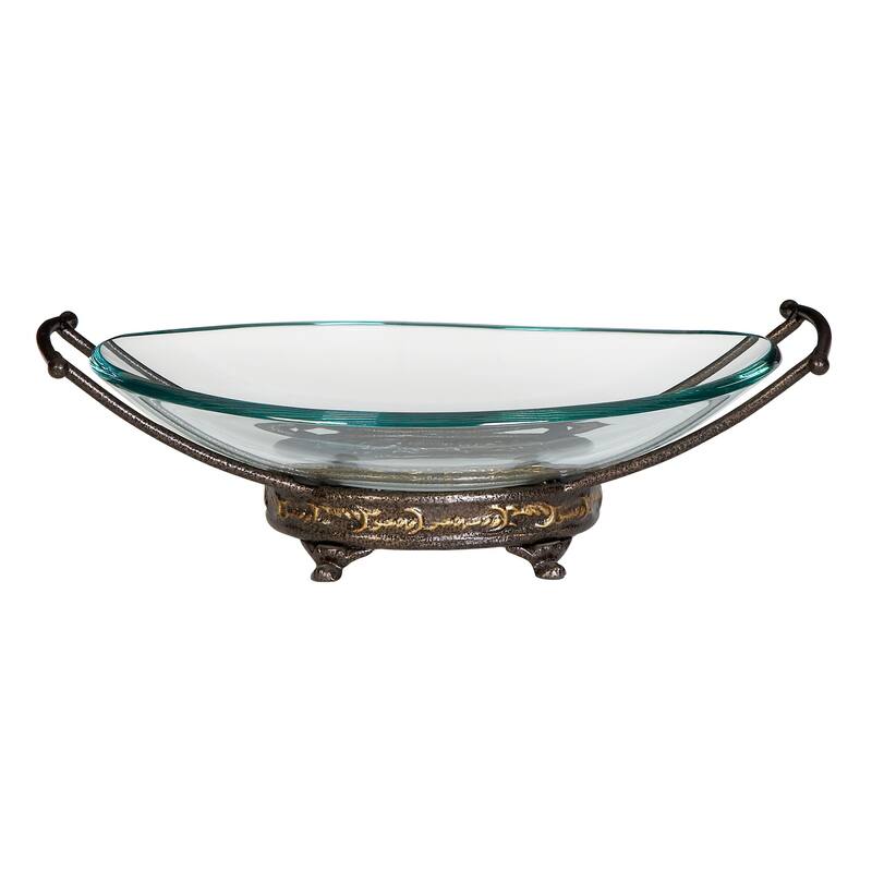 Tempered Glass Kitchen Serving Bowl with Brown Metal Base - Clear - Roche River Decor - 11"Wx17"Lx5"H