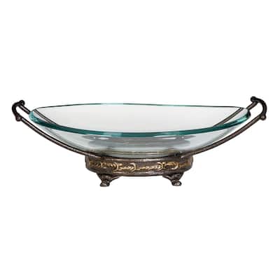 Tempered Glass Kitchen Serving Bowl with Brown Metal Base - Clear - Roche River Decor - 11"Wx17"Lx5"H