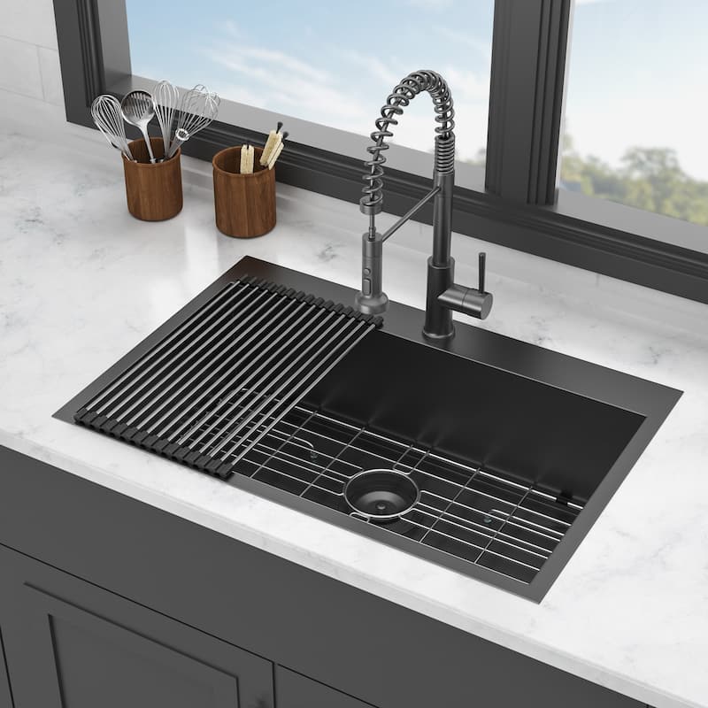 30'' Drop-in Single Bowl 16 Gauge Stainless Steel Kitchen Sink in Gunmetal Black - 33'' x 22'' x 9''