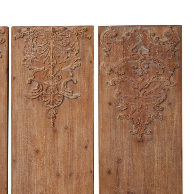 Brown Wood Carved Antefix Floral Home Wall Decor (Set of 3)