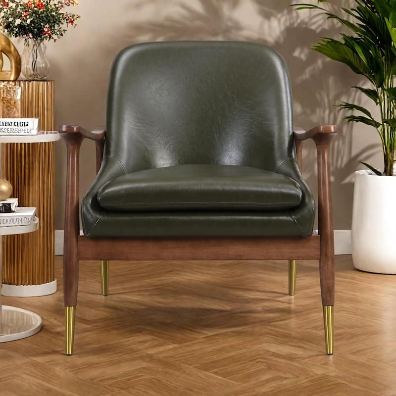 Faux Leather Mid-Century Accent Chair with Cushioned Seat, Solid Wood Frame, and Brass-Tipped Legs - Green