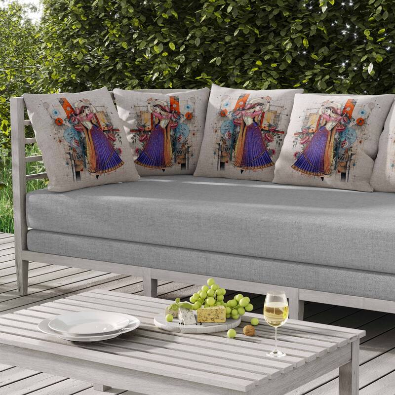 Gracefully Dancing Woman Indoor/Outdoor Reversible Throw Pillow Orange and Blue