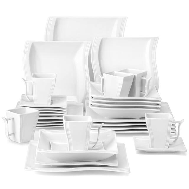 MALACASA Flora Wavy Modern Porcelain Dinnerware Set (Service for 6) - White - 30 Piece
