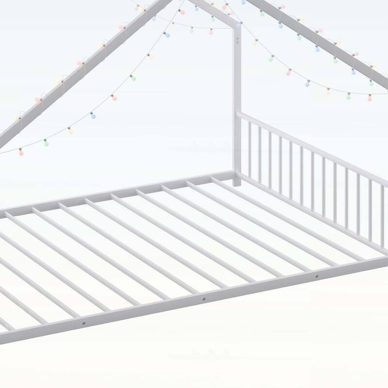 Platform Bed with LED light strips,roof-shaped iron frame,and low profile design for safety and style