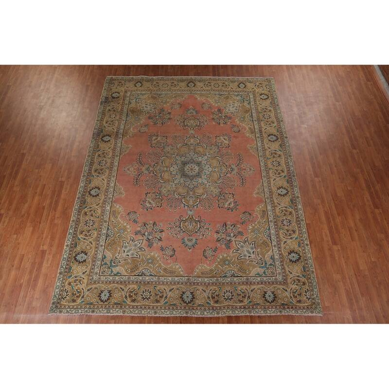 Pink Tabriz Vintage Persian Area Rug Handmade Wool Carpet - 9'9" x 13'0"