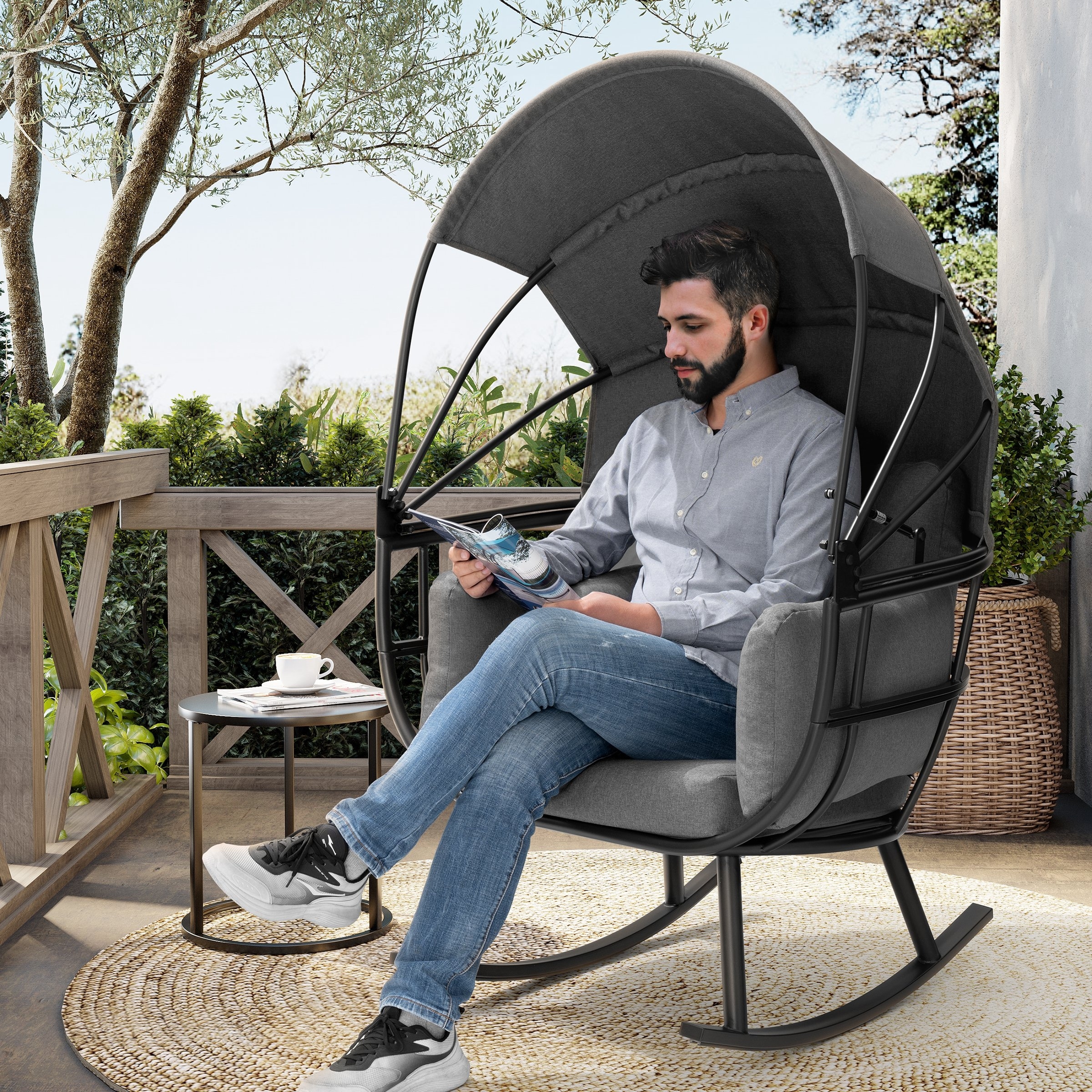 Outdoor Egg Rocking Chair with Foldable Canopy with Cushion by