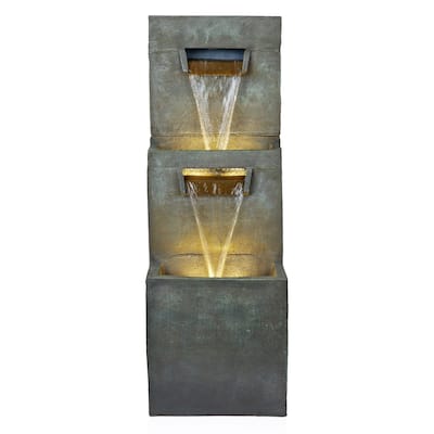 2-Tier Polyresin Modern Stone Wall Fountain w/ Warm White LED