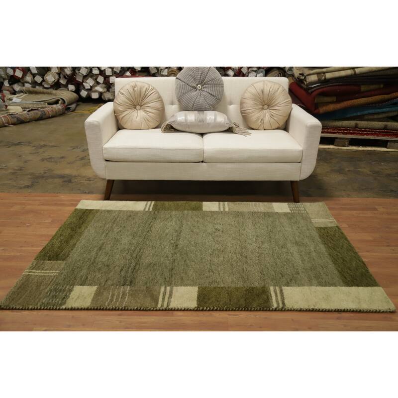 Hand Knotted Oriental 100% Wool Carpet Modern Geometric Green Gabbeh Area Rug - 6' 0'' X 4' 0''