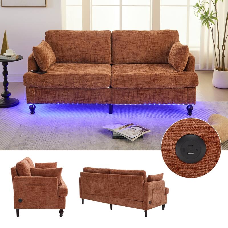 Multifunctional Sofa Couch Loveseat with Lights & Side Pocket, 2-Seater Sofa Couch with Charging Port