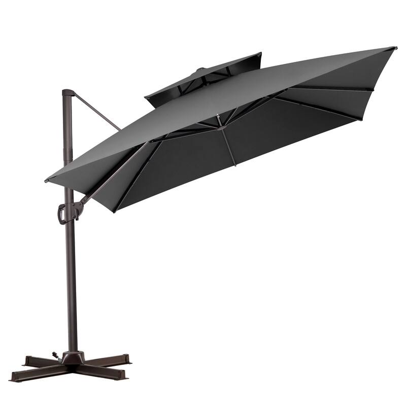 VredHom 10 Ft Square Double Top Cantilever Patio Umbrella with Cross Stand - Dark Grey