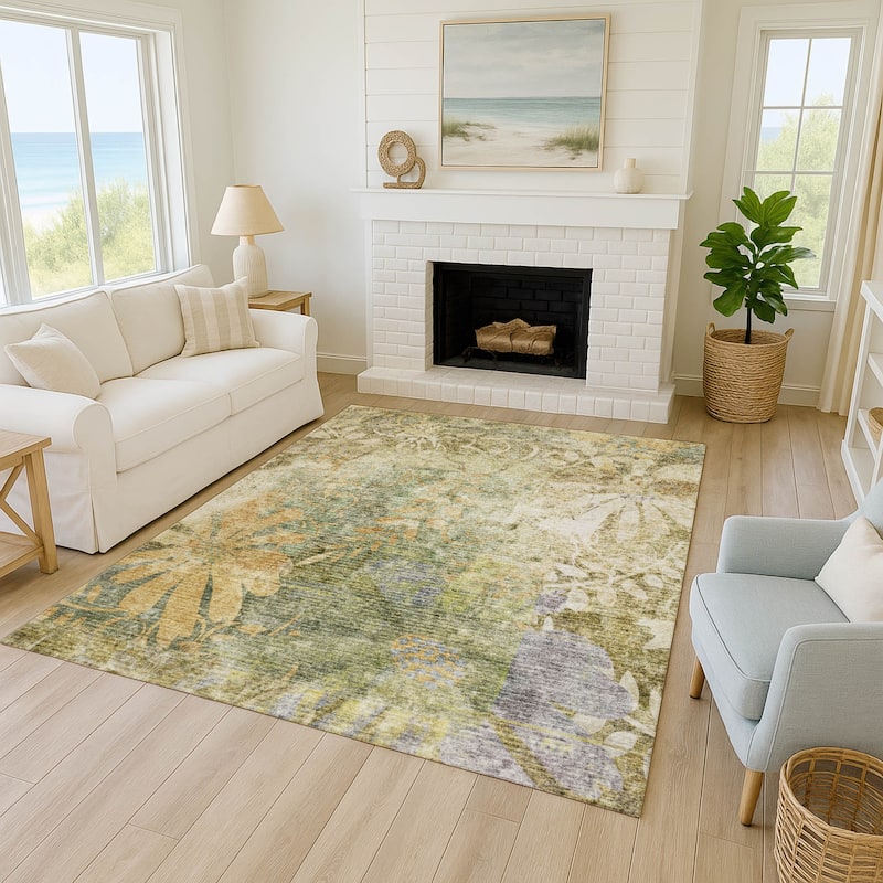 Machine Washable Indoor/ Outdoor Modern Floral Chantille Rug