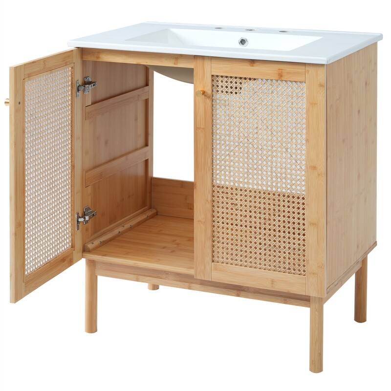 30'' Bathroom Vanity with Ceramic Sink Combo, Freestanding Bathroom Storage Cabinet with 2 Rattan Soft Close Doors