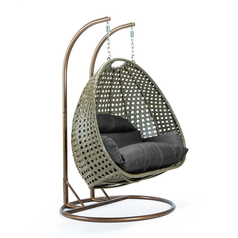 LeisureMod Modern 2-Person Egg Hanging Swing Chair with Beige Wicker, Oxford Fabric Cover, Patio Hammock Lounger and Cushions - Dark Grey
