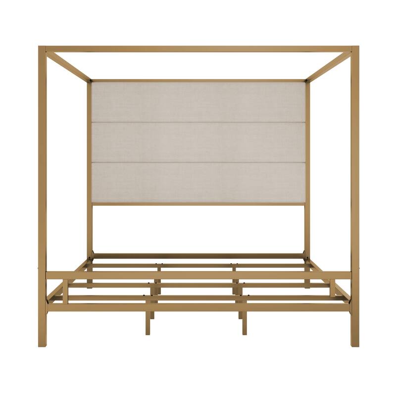 Metal Frame Canopy Bed Four Poster Bed Velvet Fabric Upholstered Headboard Wingback Bed, Modern Low Profile Platform Bed