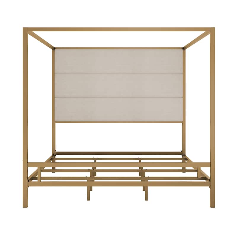 Queen/King Modern Gold Canopy Bed with Tall Linen Fabric Upholstered Headboard, Metal 4-Poster Bed Frame, Box Spring Required
