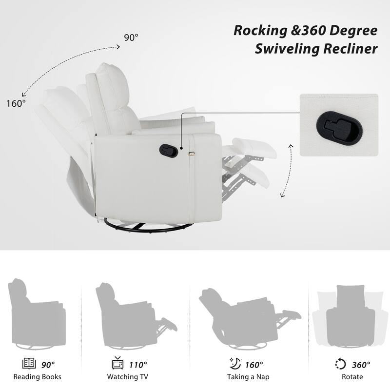 Beige Upholstered Swivel Rocker Recliner Chair with Manual Adjustment, 360° Swivel, and Two Removable Pillows
