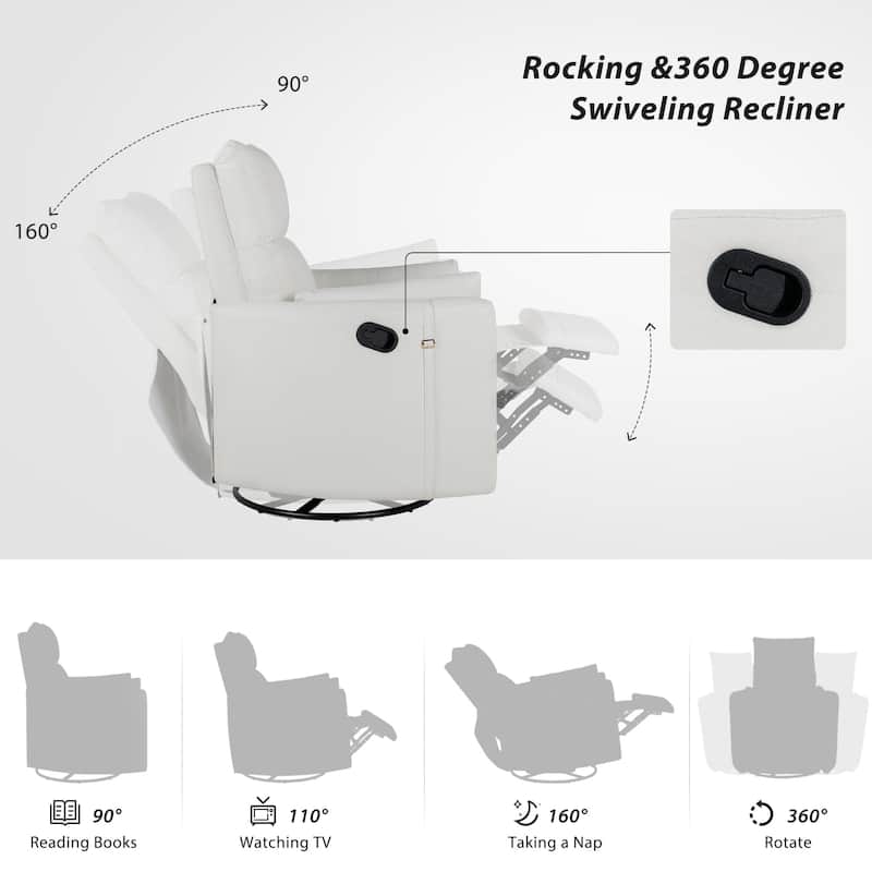 Beige Upholstered Swivel Rocker Recliner with Manual Recline, 360° Swivel, and Two Removable Cushions