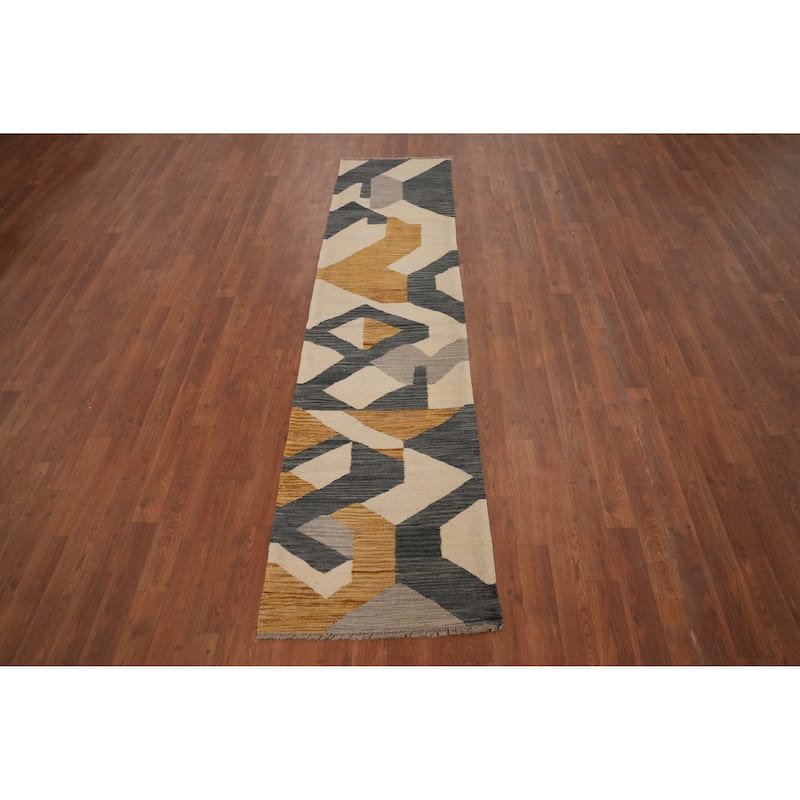 Hand Woven Oriental 100% Wool Carpet Southwestern Modern Beige & Ivories Kilim Runner Rug - 8' 0'' X 2' 0''