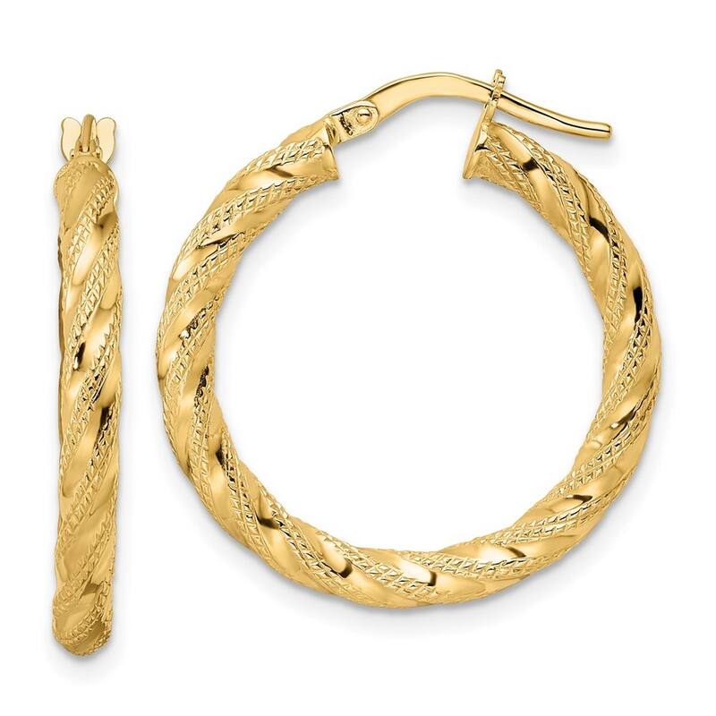 Curata 14k Yellow Gold Stripe Textured Twisted 26.5x3mm Hoop Earrings