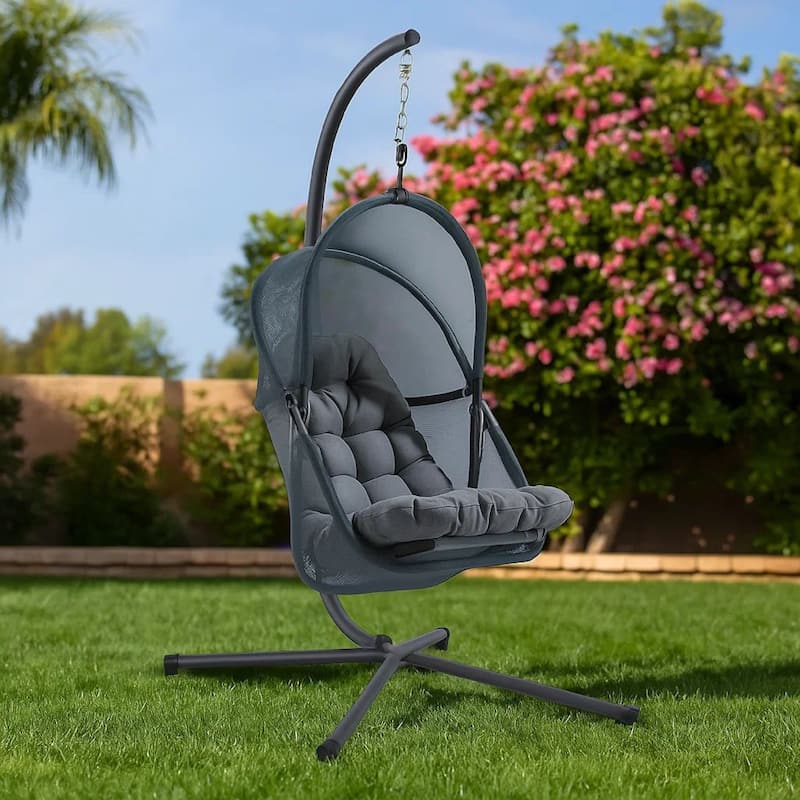 Bery Outdoor Swing Chair with Foldable Stand, Dark Gray Cushion