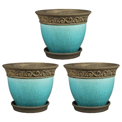 Southern Patio Cadiz 8" Crackled Ceramic Planter Pot with Saucer, Teal (3 Pack) - 8.16