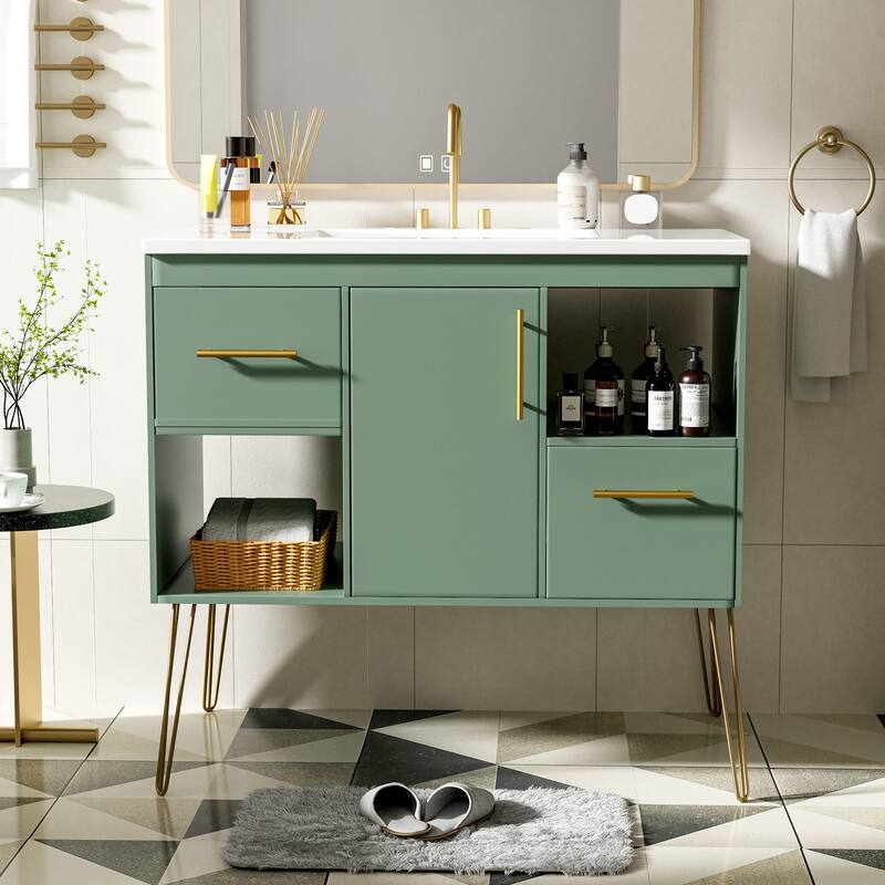 Freestanding Green Storage Cabinet for Bathroom Vanity with Resin Sink, 2 Drawers, 2 Storage Compartments and Gold Handles