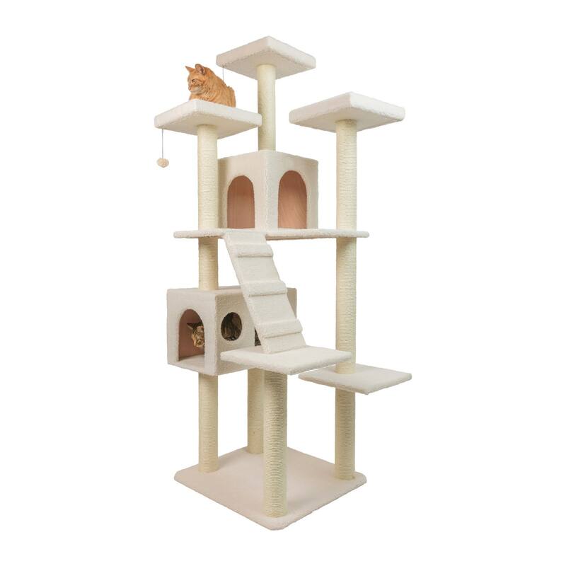Classic Real Wood Cat Tree In Ivory,Multi Levels With Ramp - Ivory