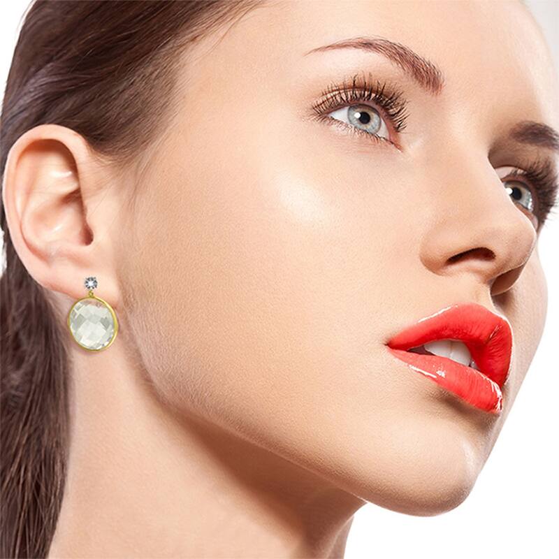 14K Solid Gold Diamonds Stud Earrings w/ Dangling Round White Topaz