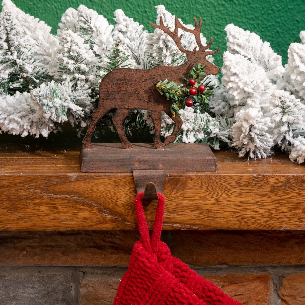 Glitzhome Christmas Dachshund Reindeer Red Car Stocking Holders Rustic Mantel Ornament