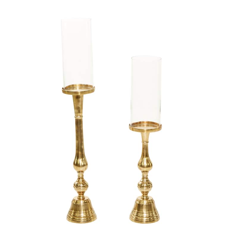 Aluminum Metal Hurricane Lamp - Set of 2 Gold - Roche River Decor - 5"W x 5"L x 32"H