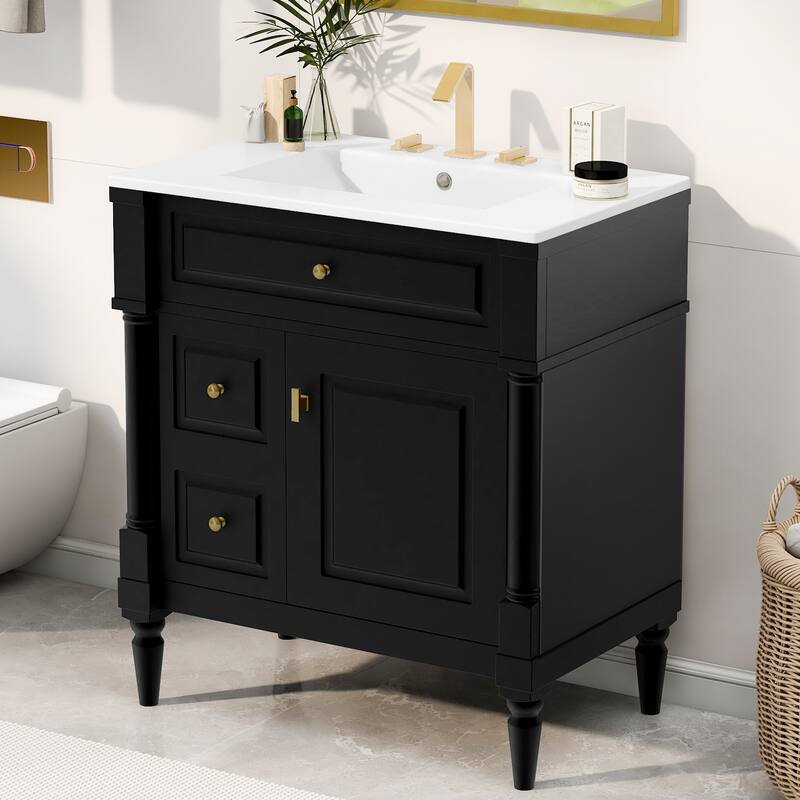 Roomfitters 30" Bathroom Vanity with Sink, Solid Wood Frame, Flip Drawer, 2 Drawers & Door Rack - Black