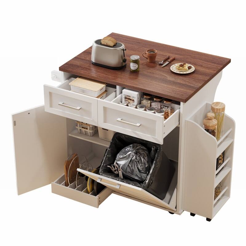 47.2" Rolling Kitchen Island on 5 Wheels with Drop Leaf, Kitchen Island with 2 Drawers, Trash Can Storage