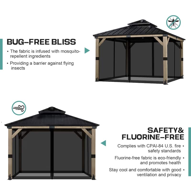Aoodor 12'x12' Replacement Gazebo Mosquito Netting 4-Panel Sidewalls