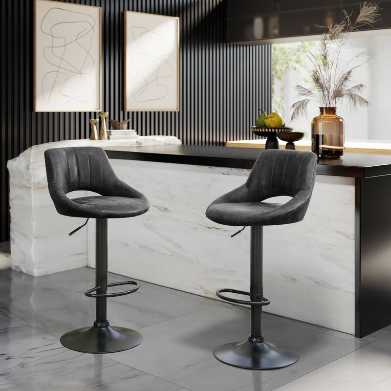 Art Leon Modern Adjustable 360 Swivel Barstool with Retro Faux Leather - Set of 2 - Black