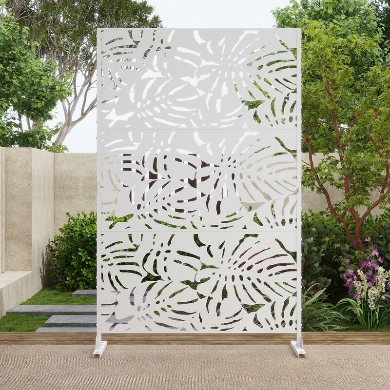 75'' x 47'' Privacy Metal Screen Fence Panel Leaf Blade Pattern - 011-Large Leaves - White