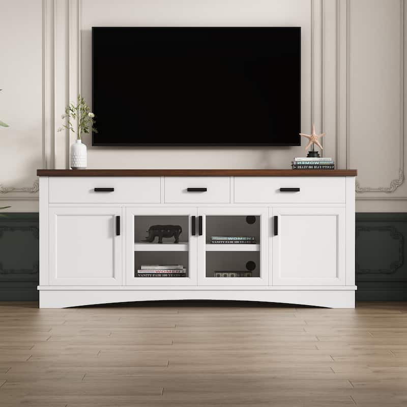 Entertainment Center with Glass Doors, TV Stand with Drawers, Media Console Table with Adjustable Shelves
