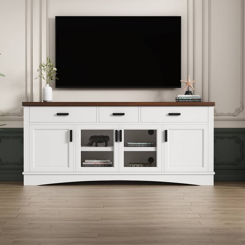 Modern TV Stand, Multi-Functional TV Stand with 3 Drawer, Glass Doors and 3 Adjustable Shelves, for Living Rooms, White