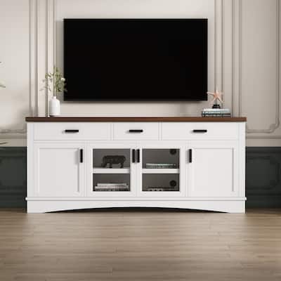 TV Console, 67" Width TV Stand, Glass Doors & Storage Drawers, Adjustable Shelves