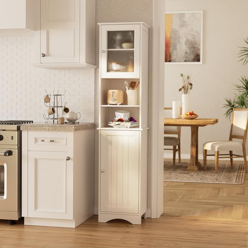 Freestanding Narrow Tall Bathroom Storage Cabinet with Adjustable Shelves, Door and Open Shelves