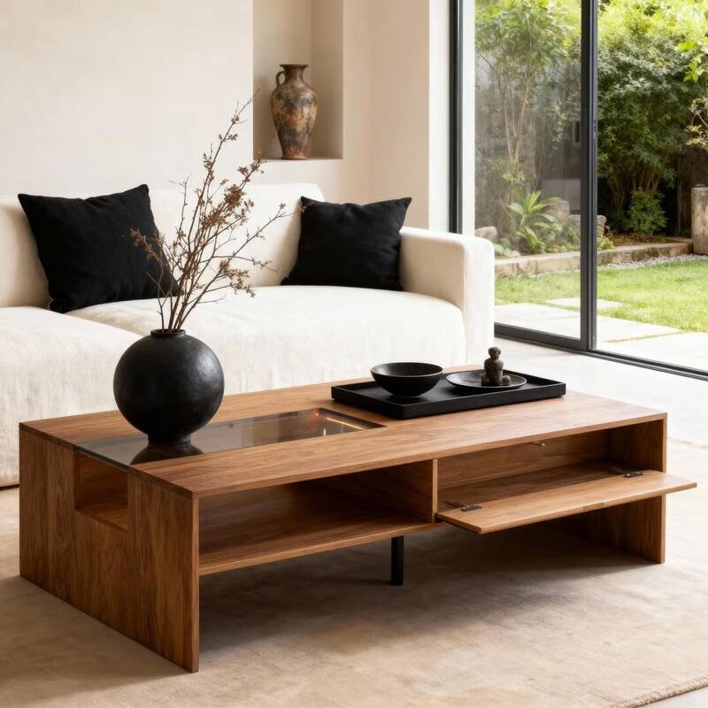 51.1" Wooden Coffee Table with LED Lights, Storage Shelves & Flip-Top - 51.1"Wx27.5"Dx15.8"H