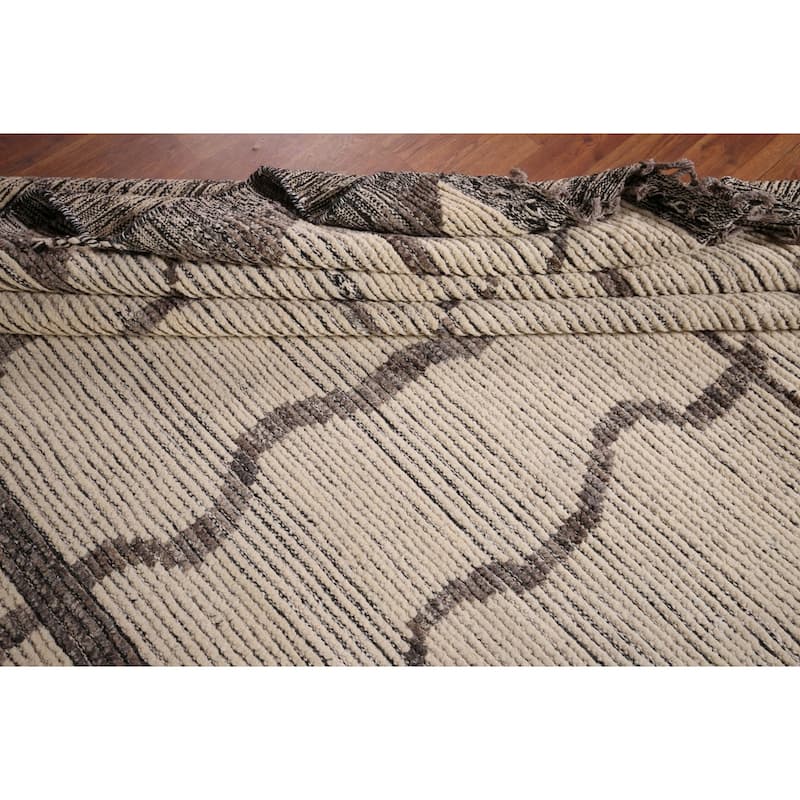 All-Over Striped Moroccan Abstract Area Rug Hand-Knotted Wool Carpet - 7'8"x 10'10"