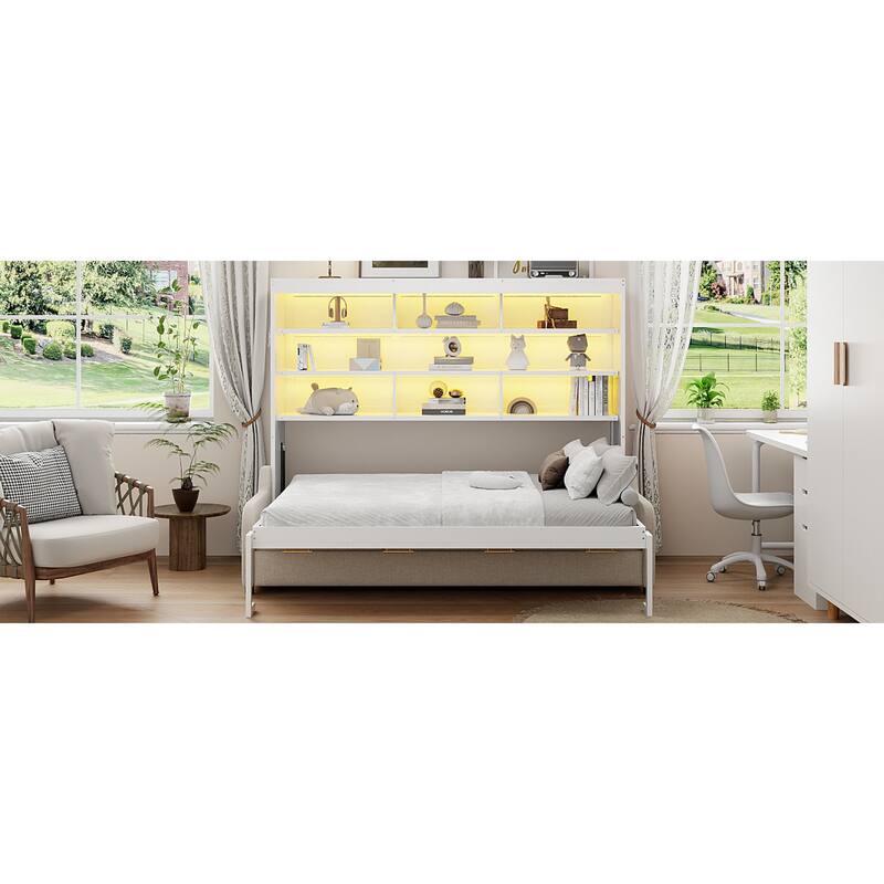 Roomfitters Queen Murphy Cabinet Bed with Folding Sofa, LED Light and Storage, Beige