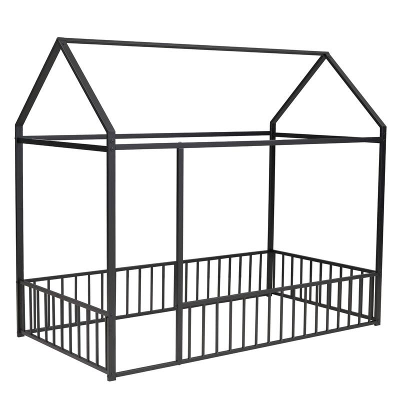 Kids' Twin/Full Metal House Bed Frame with Roof and Fence, Playful Sleep and Play Space, Sturdy Frame, Multiple Colors