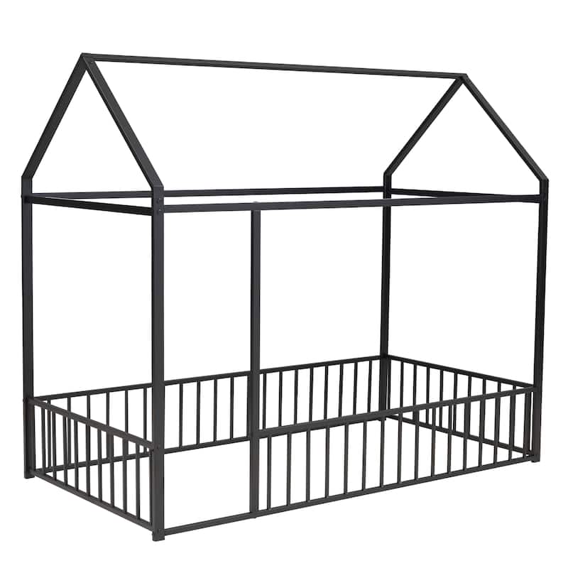 Twin Size Metal Bed House Bed Frame - Black