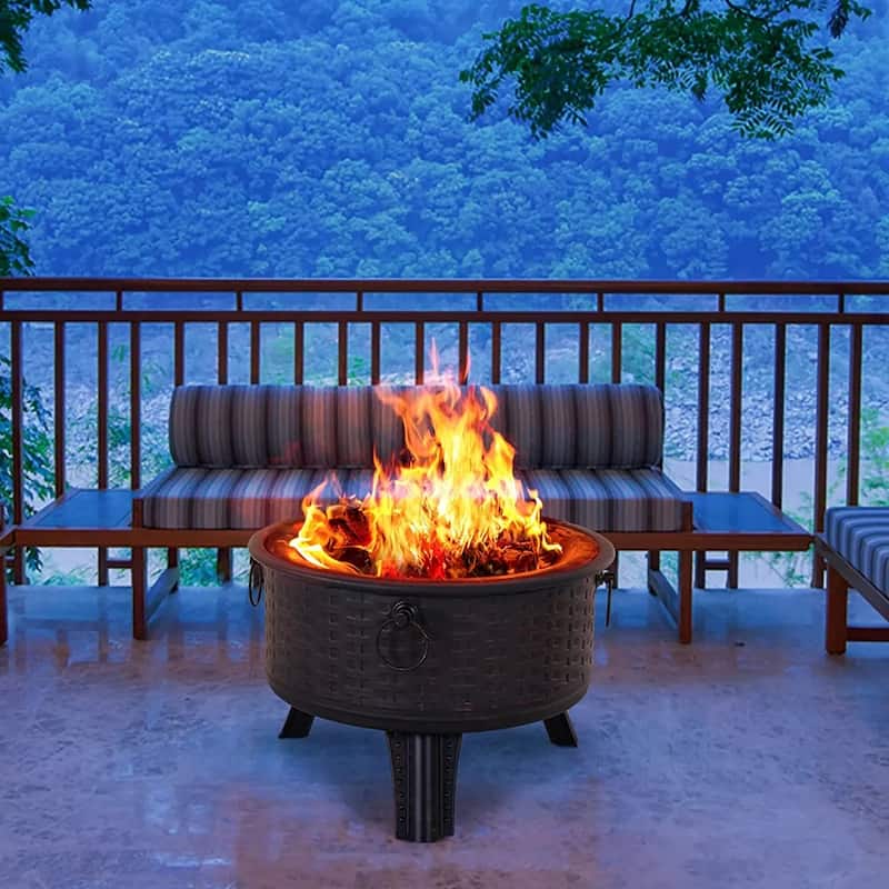 26" Fire Pits for Outside Wood Burning Firepit with Fire Pit Poker and Cover for Backyard,Garden,Camping - 26"D x 26"W x 23"H - Black - Wood