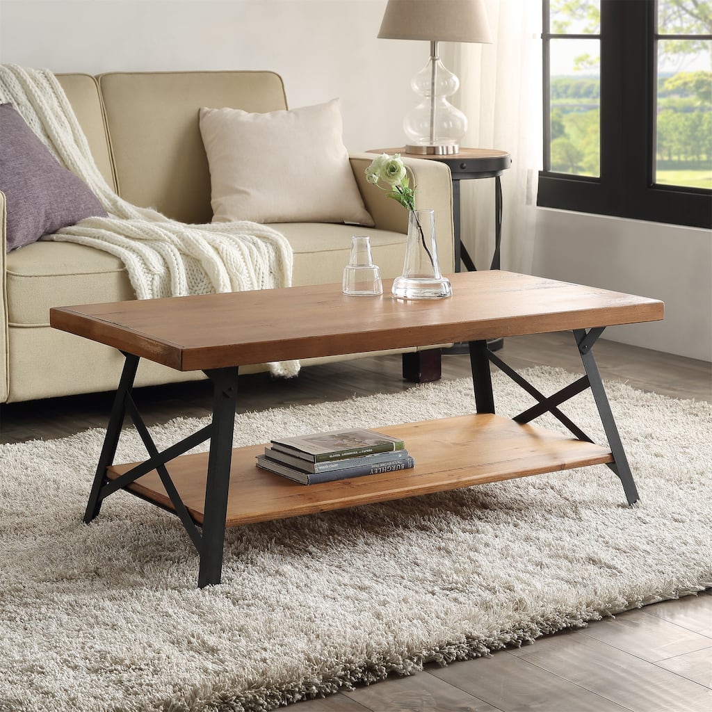 End Table Metal Legs Rustic Coffee Table, Solid Wood Tabletop